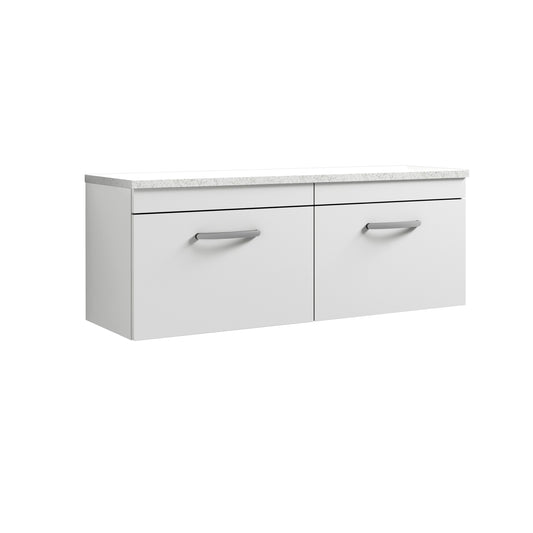 Nuie 1200mm Gloss White Wall Hung 2-Drawer Unit With Laminate Worktop & Soft Close Drawers