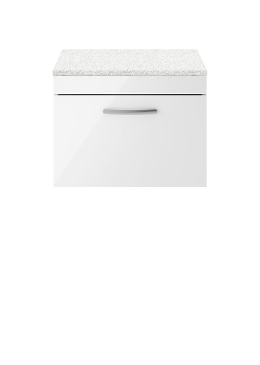 Nuie Athena 600mm Wall Hung Single Drawer Vanity Unit With Sparkling White Worktop