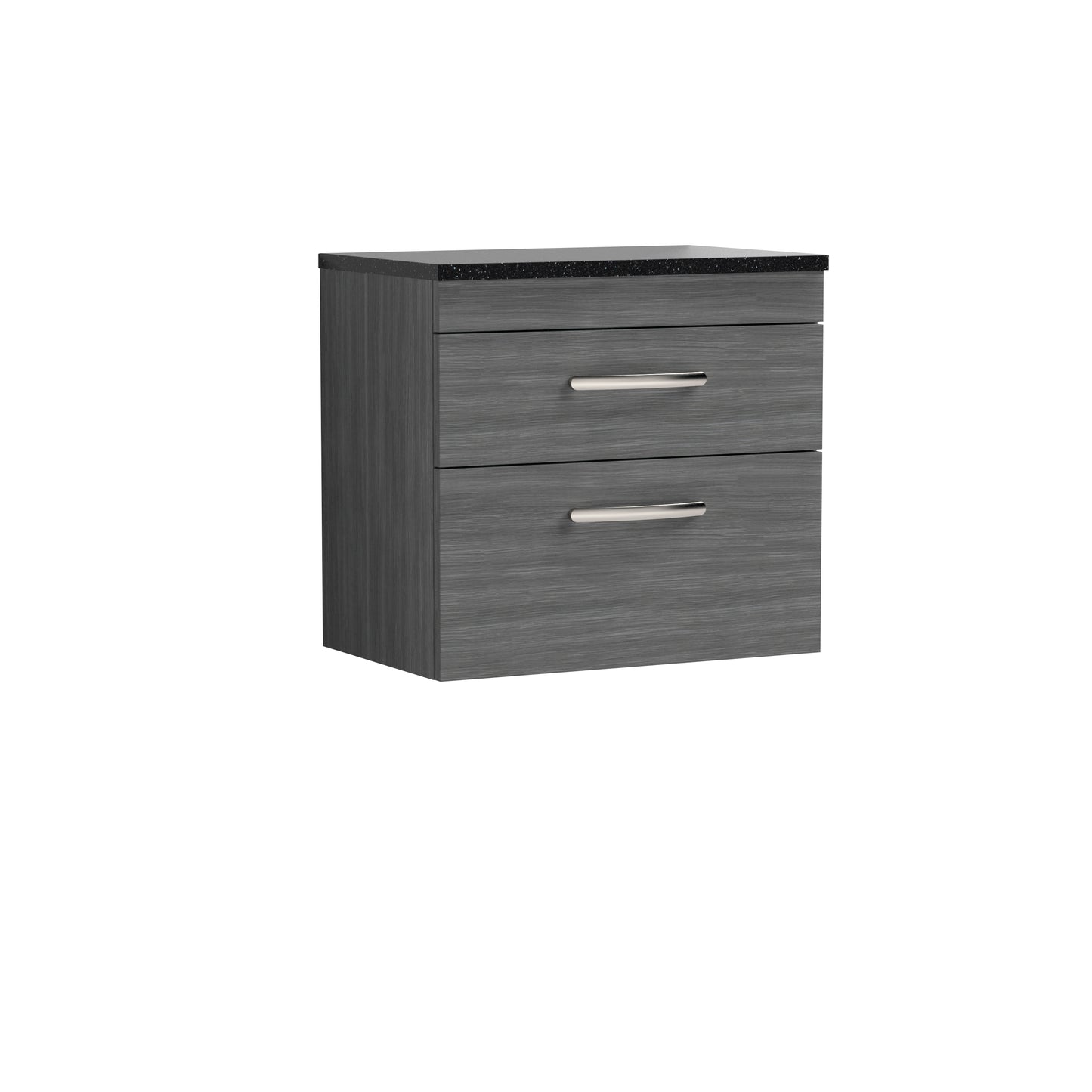 Nuie Athena 600mm Anthracite Woodgrain Wall Hung 2 Drawer Vanity Unit With Sparkling Black Worktop