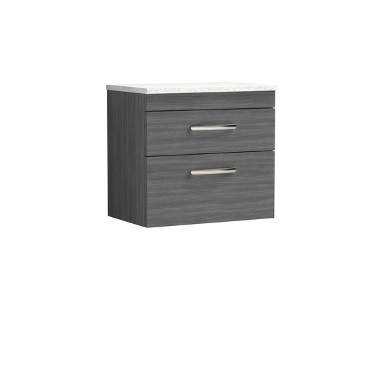 Nuie 600mm Anthracite Woodgrain Wall Hung 2 Drawer Vanity Unit With Laminate Worktop