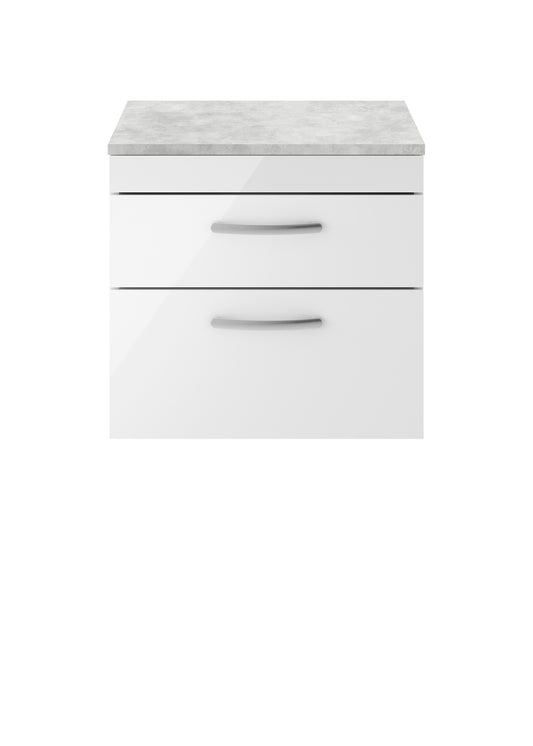 Nuie Athena 600mm Wall Hung 2 Drawer Vanity Unit With Grey Worktop