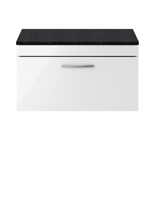 Nuie Athena 800mm Wall Hung Single Drawer Vanity Unit With Soft Close Drawers & Sparkling Black Worktop