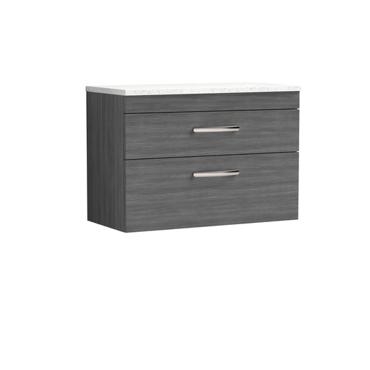 Nuie 805mm Anthracite Woodgrain Wall Hung 2 Drawer Vanity Unit With Sparkling White Laminate Worktop