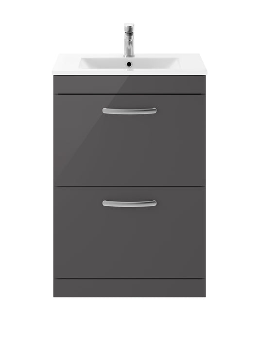 Nuie Athena 600mm Gloss Grey Floor Standing 2 Drawer Vanity Unit With 1 Tap Hole Basin & Soft Close Drawers