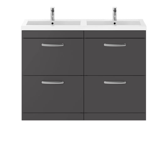Nuie Athena 1200mm Gloss Grey Floor Standing 4 Drawer Vanity Unit With Twin Polymarble Basin