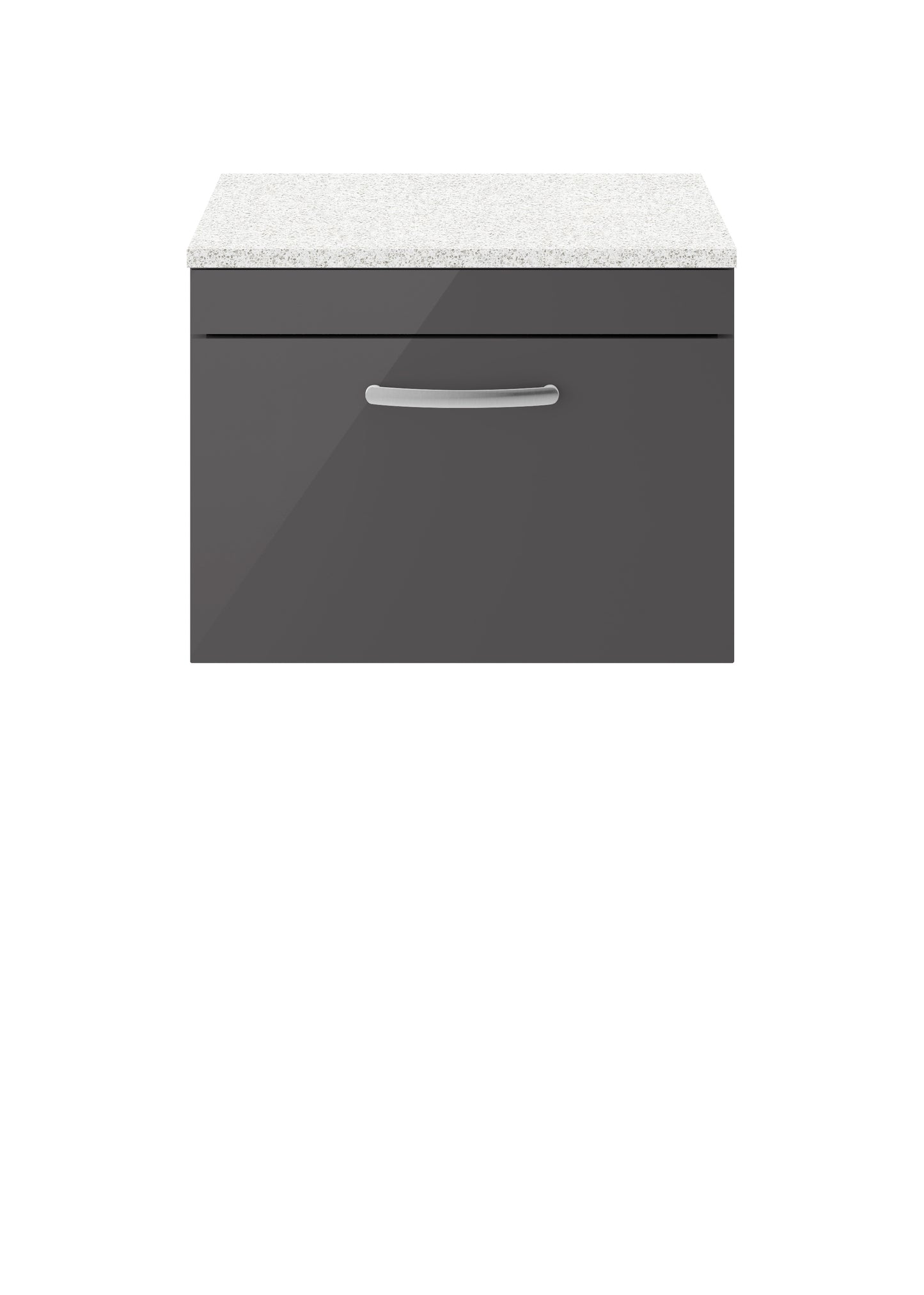 Nuie Athena 600mm Gloss Grey Wall Hung Single Drawer Vanity Unit With Sparkling White Worktop With Soft Close Drawer