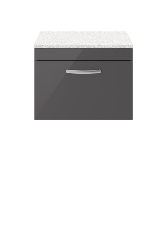 Nuie Athena 600mm Gloss Grey Wall Hung Single Drawer Vanity Unit With Sparkling White Worktop With Soft Close Drawer