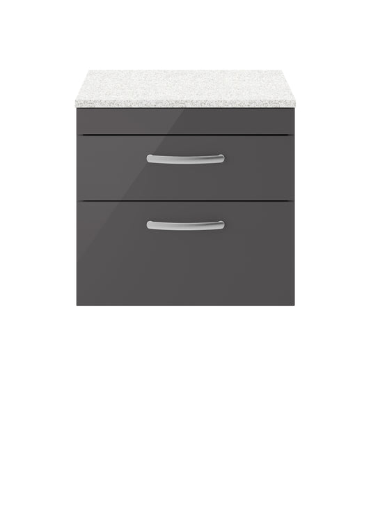 Nuie Athena 600mm Gloss Grey Wall Hung 2 Drawer Vanity Unit With Sparkling White Worktop