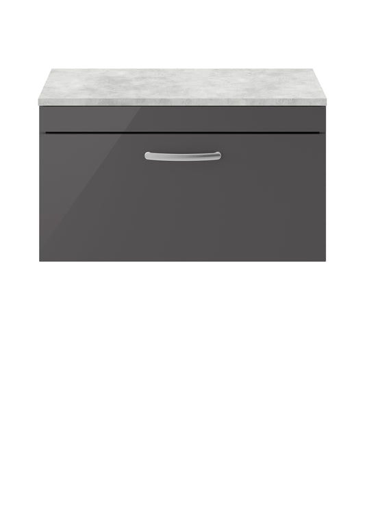 Nuie Athena 800mm Gloss Grey Wall Hung Single Drawer Vanity Unit With Grey Worktop & Soft Close Drawers