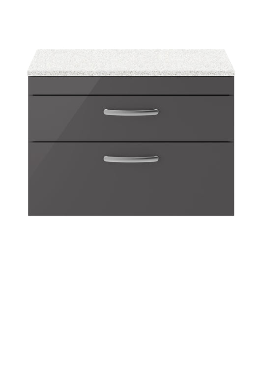 Nuie Athena 800mm Gloss Grey Wall Hung Vanity Unit With Sparkling White Laminate Worktop With Soft Close Drawers