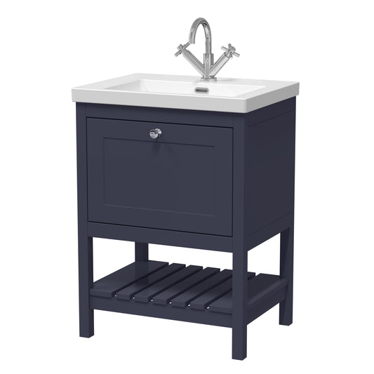 Bexley Floor Standing 1 Drawer Vanity & 1 Tap Hole Contemporary Fireclay Basin, 600mm - Indigo Blue