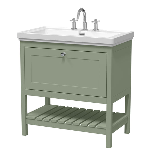 Hudson Reed Bexley 800mm Fern Green Floor Standing Vanity Unit With 3 Tap Hole Basin, Soft Close Drawers