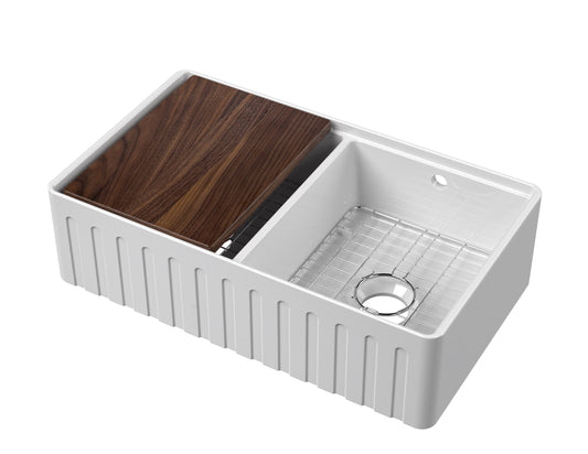 Nuie Fluted Double Bowl 795 x 460 x 220mm Butler Sink with Ledge, Grid & Chopping Board