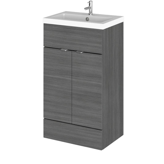 Hudson Reed Fusion 500mm Anthracite Woodgrain Floor Standing 2 Door Vanity Unit with Polymarble Basin