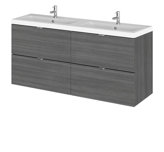 Hudson Reed Fusion 1200mm Anthracite Woodgrain Wall Hung 4 Drawer Vanity Unit with Double Basin