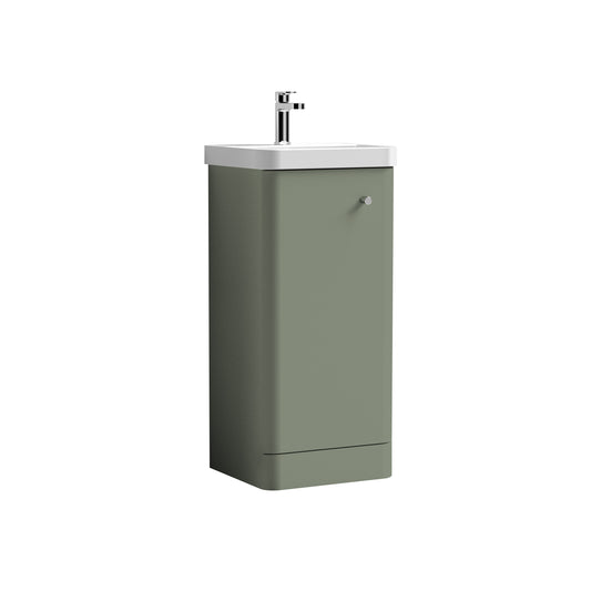 Nuie 400mm Satin Green Floor Standing 1 Door Vanity Unit With Ceramic Basin & 1 Tap Hole