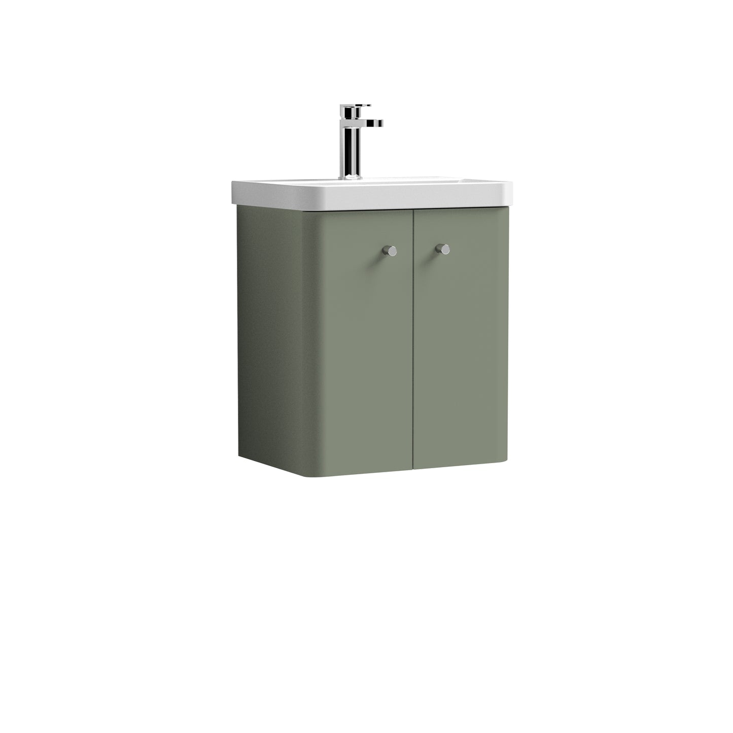 Nuie 500mm Satin Green Wall Hung 2 Door Vanity Unit & Basin With Soft Close Doors