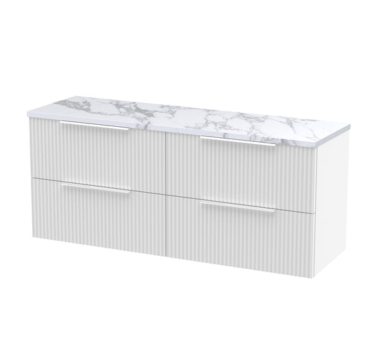 Hudson Reed Fluted 1200mm Satin White Wall Hung 4-Drawer Vanity Unit With Laminate Worktop & Handles