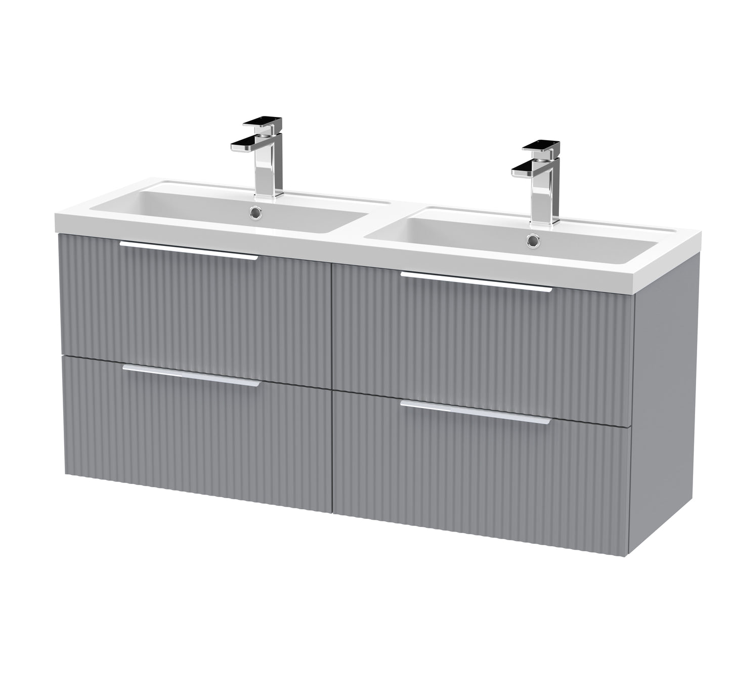 Hudson Reed Fluted 1205mm Satin Grey Wall Hung 4-Drawer Vanity Unit with Double Basin, Pre-Assembled