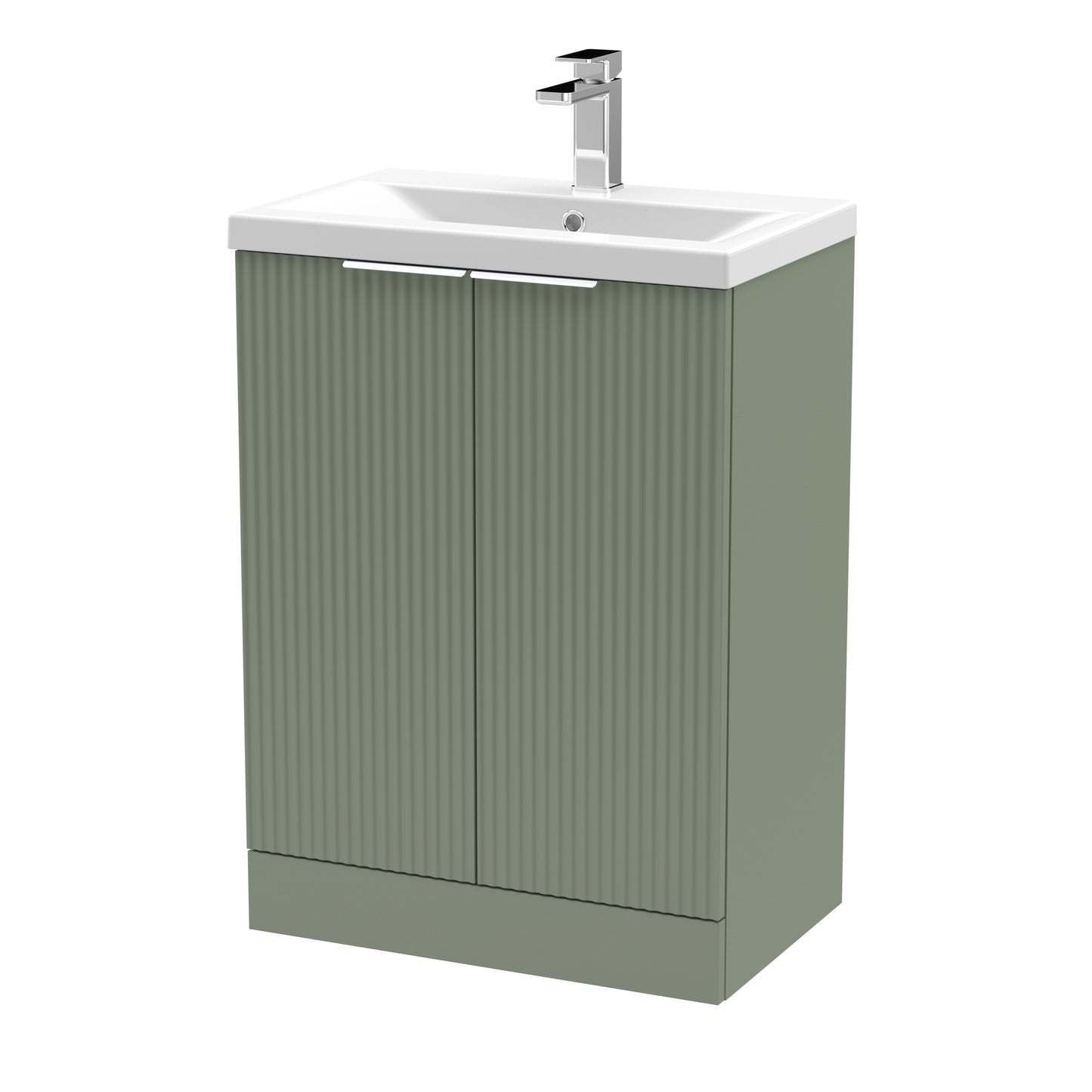 Hudson Reed Fluted 600mm Satin Green Floor Standing 2-Door Vanity Unit with Basin