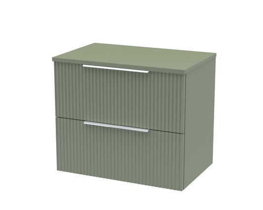 Hudson Reed Fluted 600mm Satin Green Wall Hung 2-Drawer Vanity Unit With Worktop