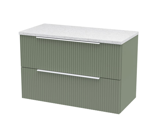 Hudson Reed Fluted 800mm Wall Hung Satin Green 2-Drawer Vanity Unit With Laminate Top