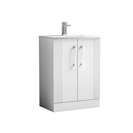 Nuie Part Fluted 600mm Satin White Floor Standing 2-Door Vanity Unit with Basin With Chrome Handles