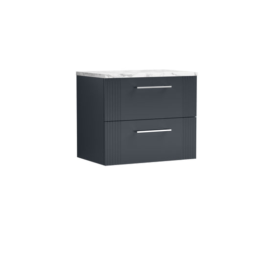 Nuie 600mm Part Fluted Soft Black 2-Drawer Wall Hung Vanity Unit With Laminate Worktop