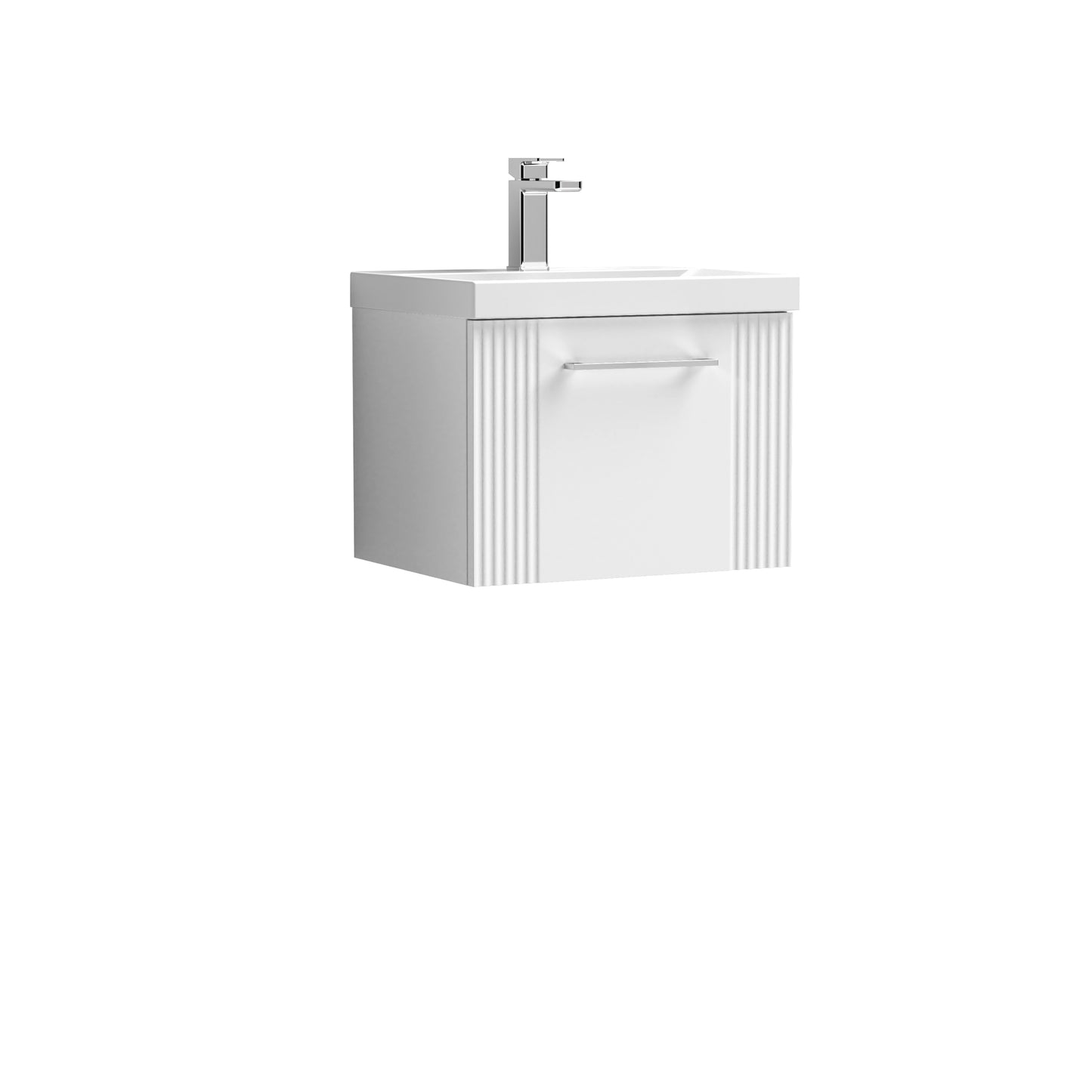 Nuie Deco 500mm Satin White Wall Hung Single Drawer Vanity Unit & Thin-Edge Basin With Chrome Handle
