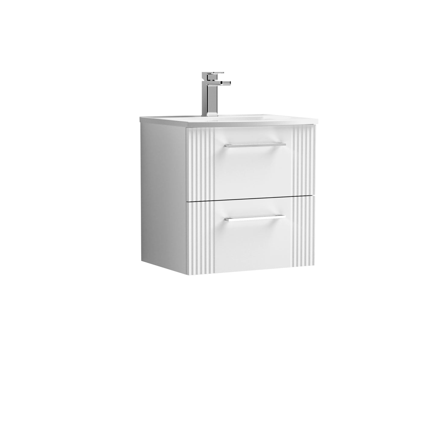 Nuie Deco 510mm Satin White Wall Hung 2-Drawer Vanity Unit with Curved Basin & Chrome Handles