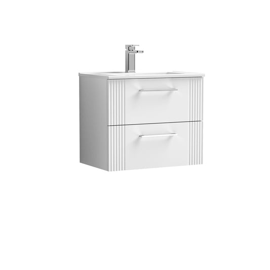 Nuie 600mm Wall Hung 2-Drawer Deco Satin White Vanity Unit with Basin & Chrome Handles