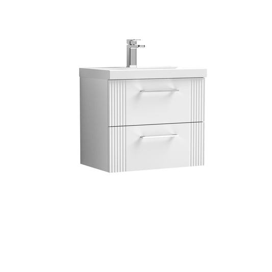 Nuie Deco 600mm Satin White Wall Hung 2-Drawer Vanity Unit With Thin-Edge Basin & Chrome Handles