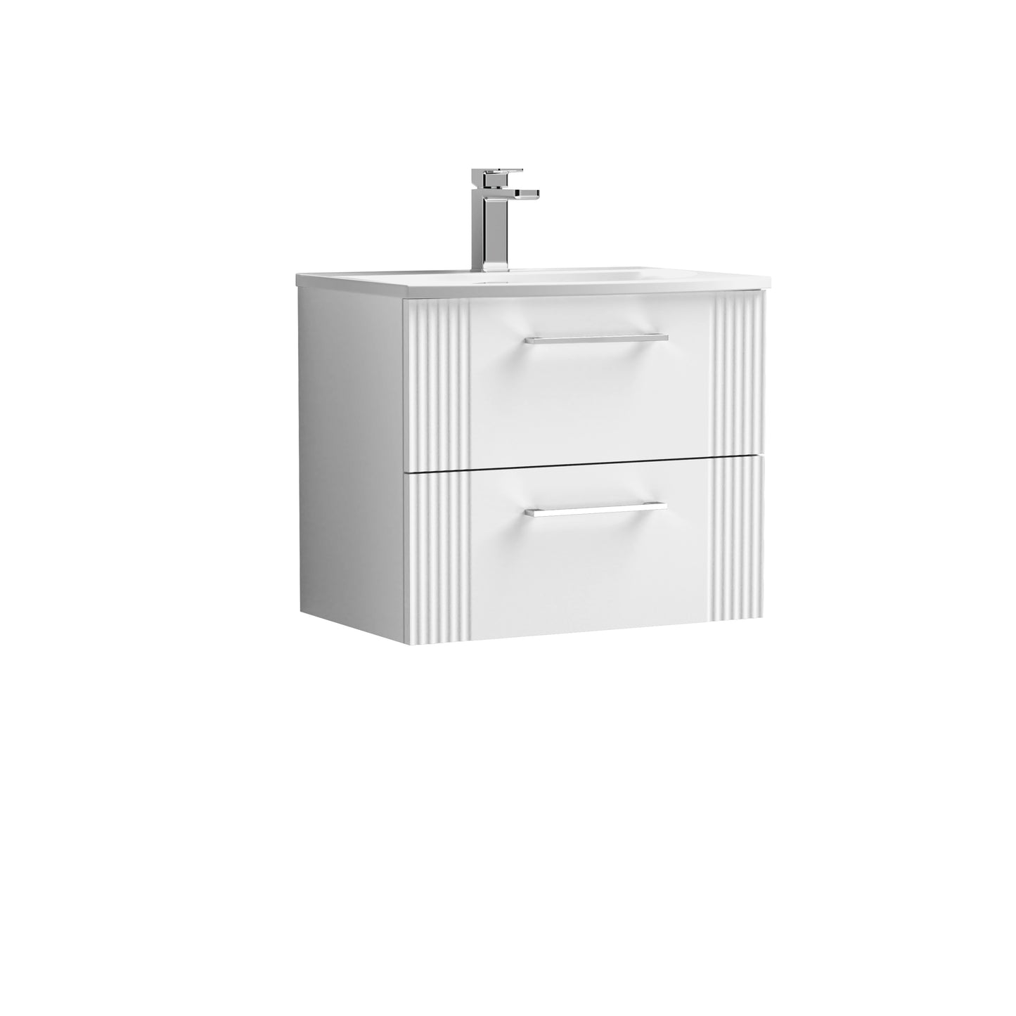 Nuie Deco 600mm Satin White Wall Hung 2-Drawer Vanity Unit with Curved Basin & Chrome Handles
