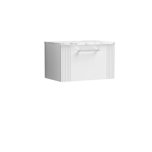 Nuie 600mm Satin White Part Fluted Wall Hung Single Drawer Vanity With Laminate Worktop & Soft Close Drawer