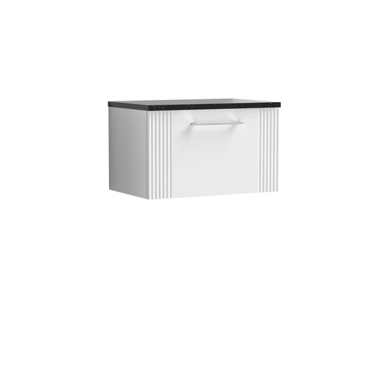 Nuie 600mm Part Fluted Satin White Wall Hung Single Drawer Vanity Unit With Laminate Top & Chrome Handles