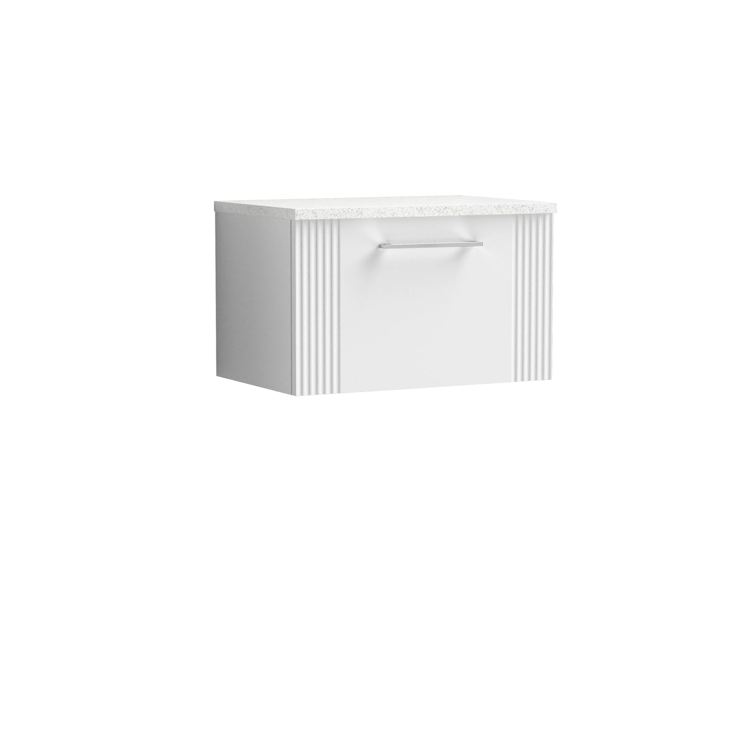 Nuie 600mm Satin White Wall Hung Fluted Single Drawer Vanity With Chrome Handles & Laminate Top