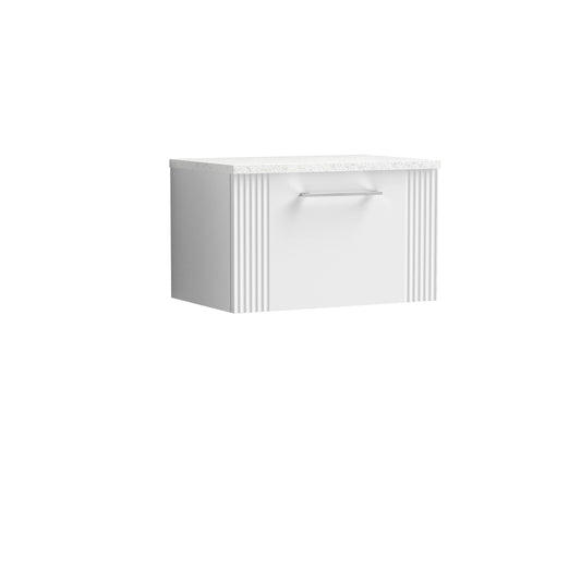 Nuie 600mm Satin White Wall Hung Fluted Single Drawer Vanity With Chrome Handles & Laminate Top