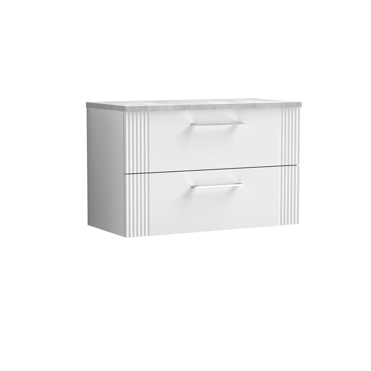 Nuie Deco 800mm Satin White Wall Hung 2-Drawer Vanity With Laminate Top & Chrome Handles