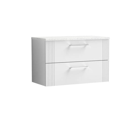 Nuie 800mm Satin White Part Fluted Wall Hung 2-Drawer Vanity & Laminate Top With Chrome Handles