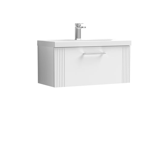 Nuie 800mm Satin White Wall Hung Single Drawer Vanity Unit With Basin & Chrome Handle
