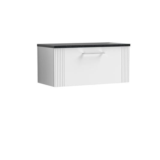 Nuie Deco 800mm Satin White Wall Hung Single Drawer Vanity Unit with Laminate Top with Chrome Handles
