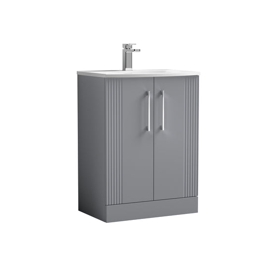 Nuie 600mm Part Fluted Satin Grey Floor Standing 2-Door Vanity Unit with Basin & Chrome Handles