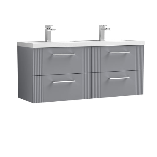 Nuie 1205mm Satin Grey Wall Hung Vanity Unit With Double Basin, 4 Drawers & Chrome Handles