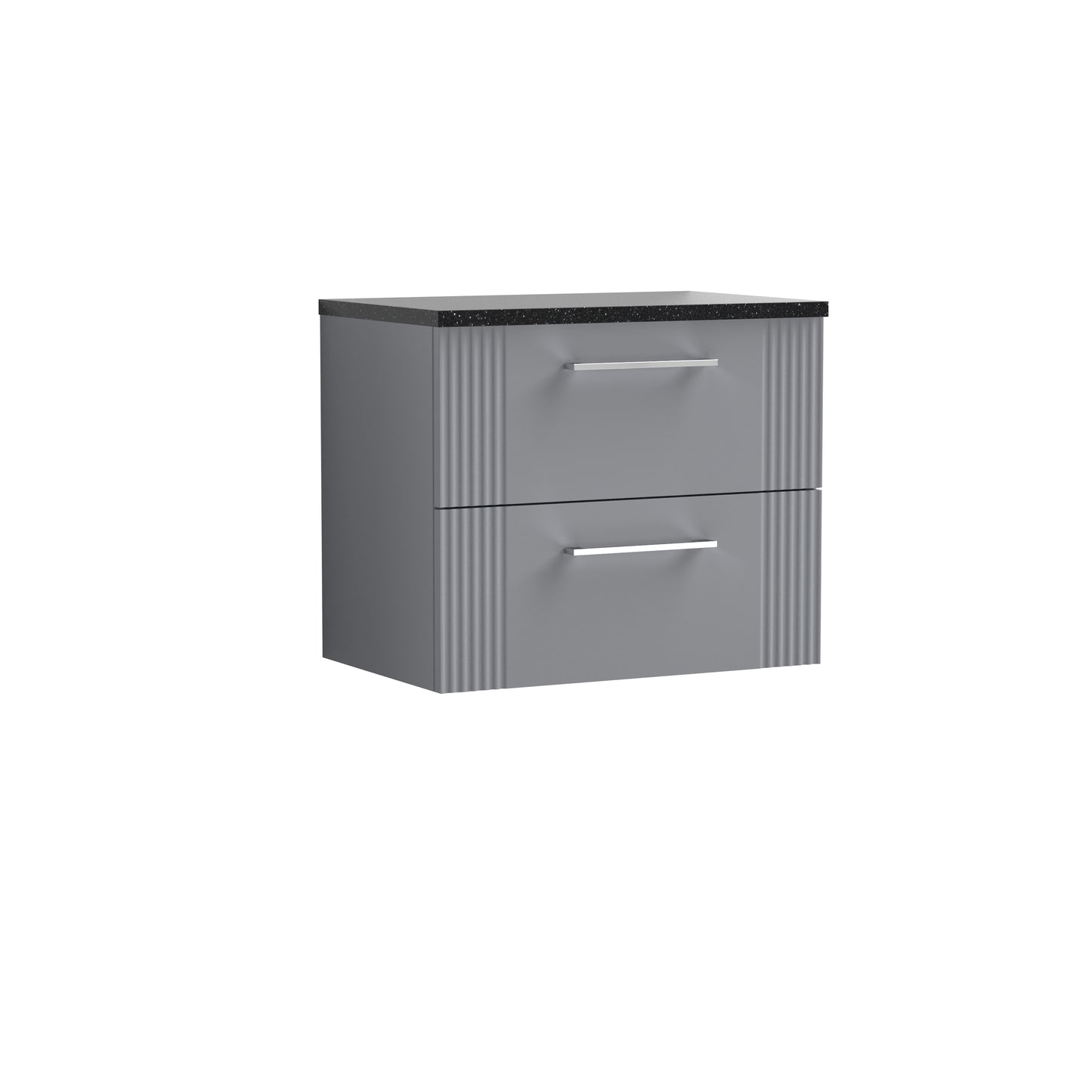 Nuie Deco 600mm Satin Grey Wall Hung 2-Drawer Vanity Unit With Laminate Top & Chrome Handles