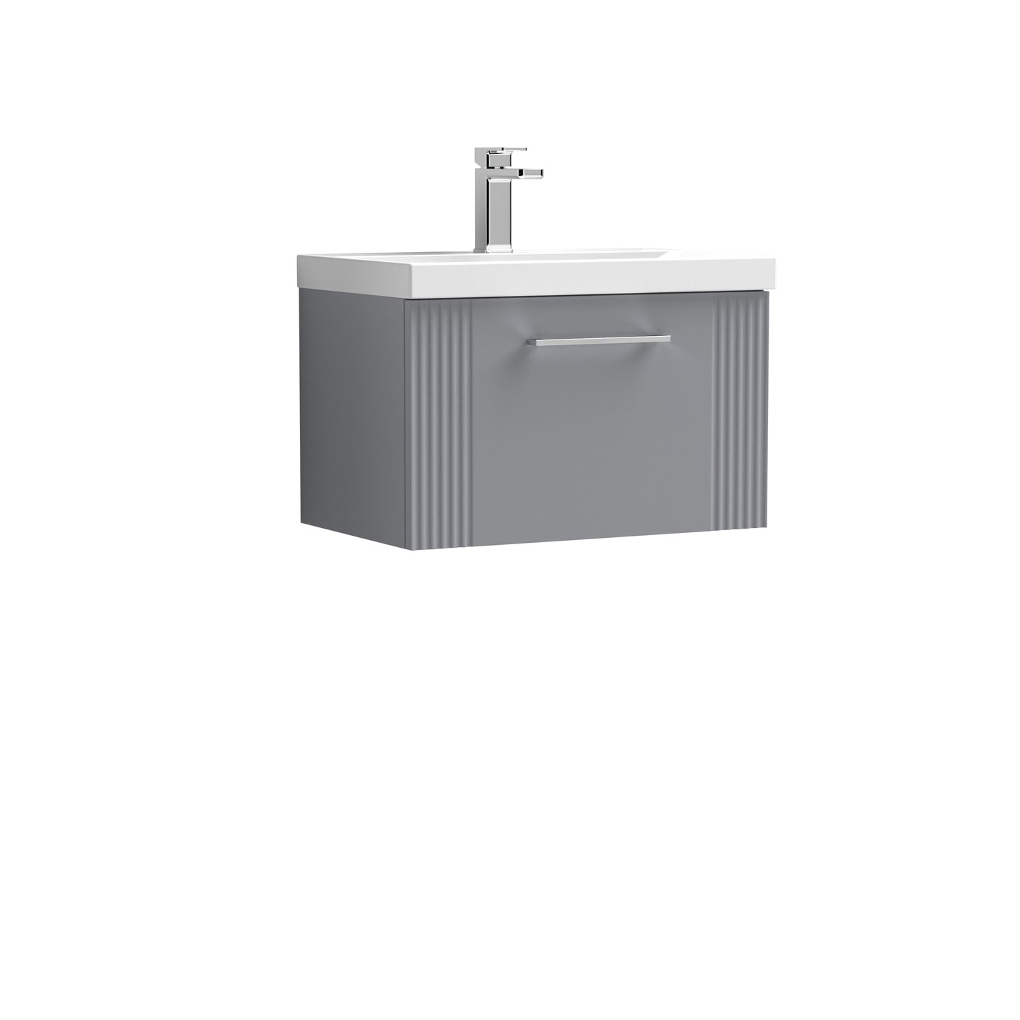 Nuie Deco 600mm Satin Grey Wall Hung Single Drawer Vanity Unit with Basin With Chrome Handle