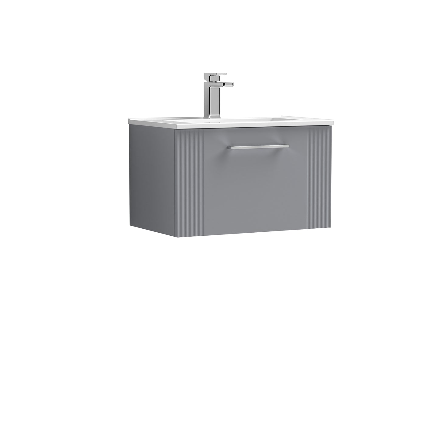Nuie Deco 600mm Satin Grey Wall Hung Single Drawer Vanity Unit With Basin & Chrome Handle