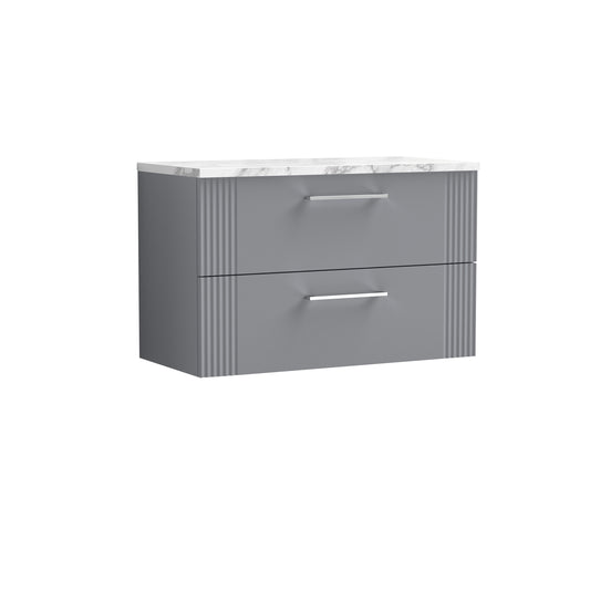Nuie 800mm Part Fluted Satin Grey 2-Drawer Wall Hung Vanity Unit With Laminate Worktop & Handle