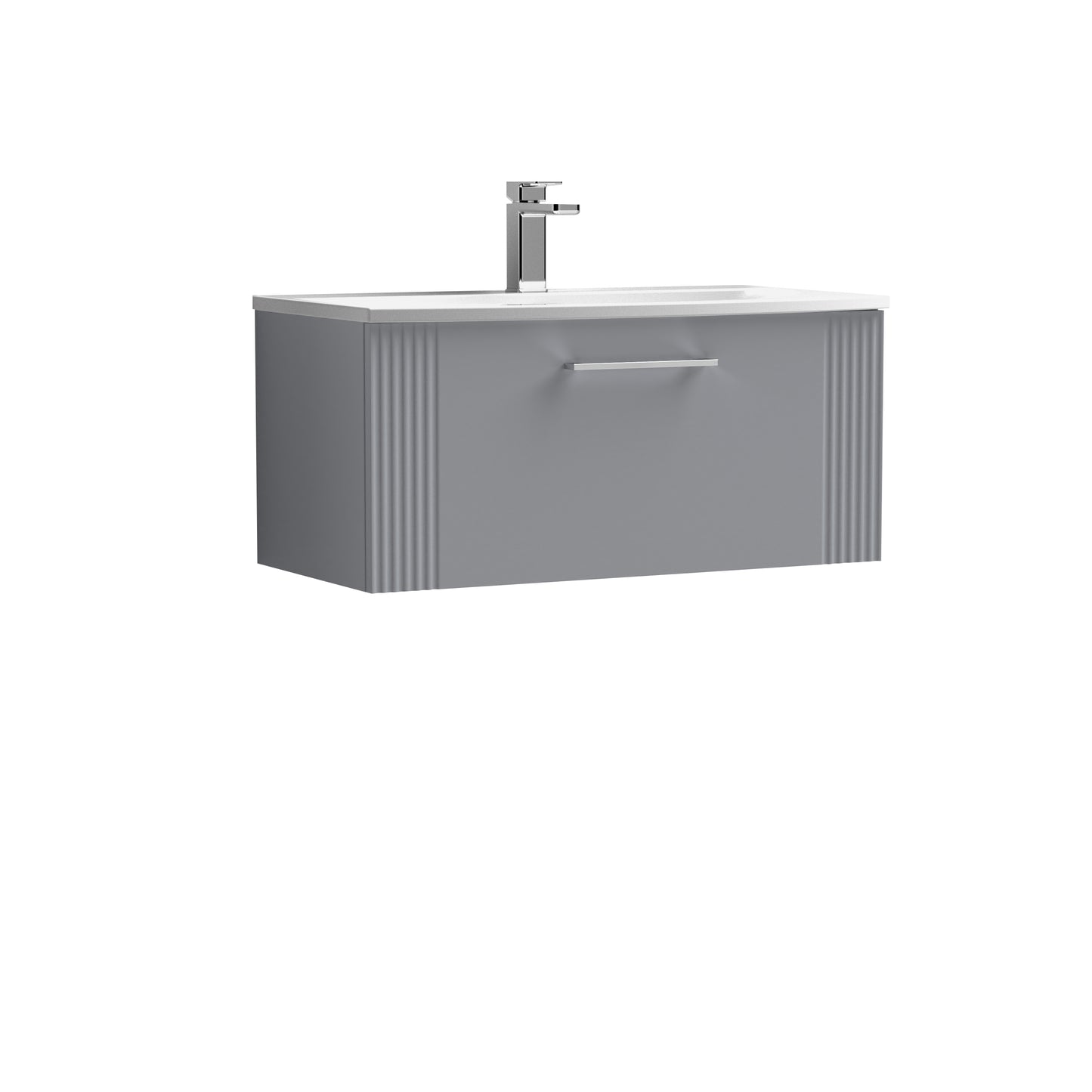 Nuie 800mm Satin Grey Part Fluted Wall Hung Single Drawer Vanity Unit With Basin & Chrome Handle