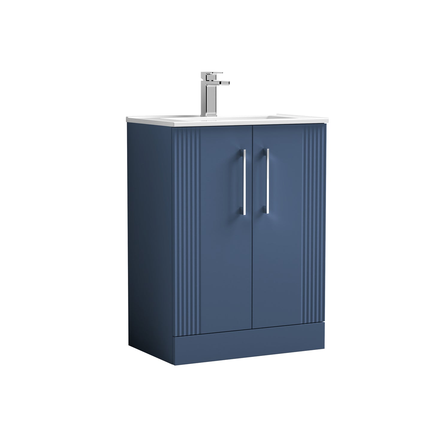 Nuie 600mm Satin Blue Fluted Floor Standing 2-Door Vanity Unit with Basin Including Chrome Handles