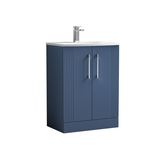 Nuie 600mm Art Deco Satin Blue Floor Standing 2-Door Vanity Unit & Curved Basin with Chrome Handles